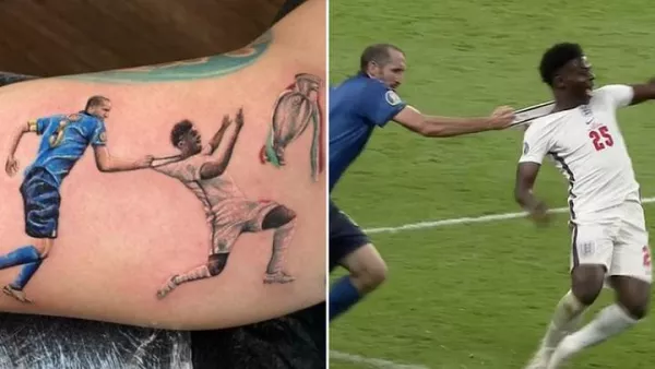  Фанат сделал яркую татуировку момента с Кьеллини и Сака в честь победы Италии на Евро